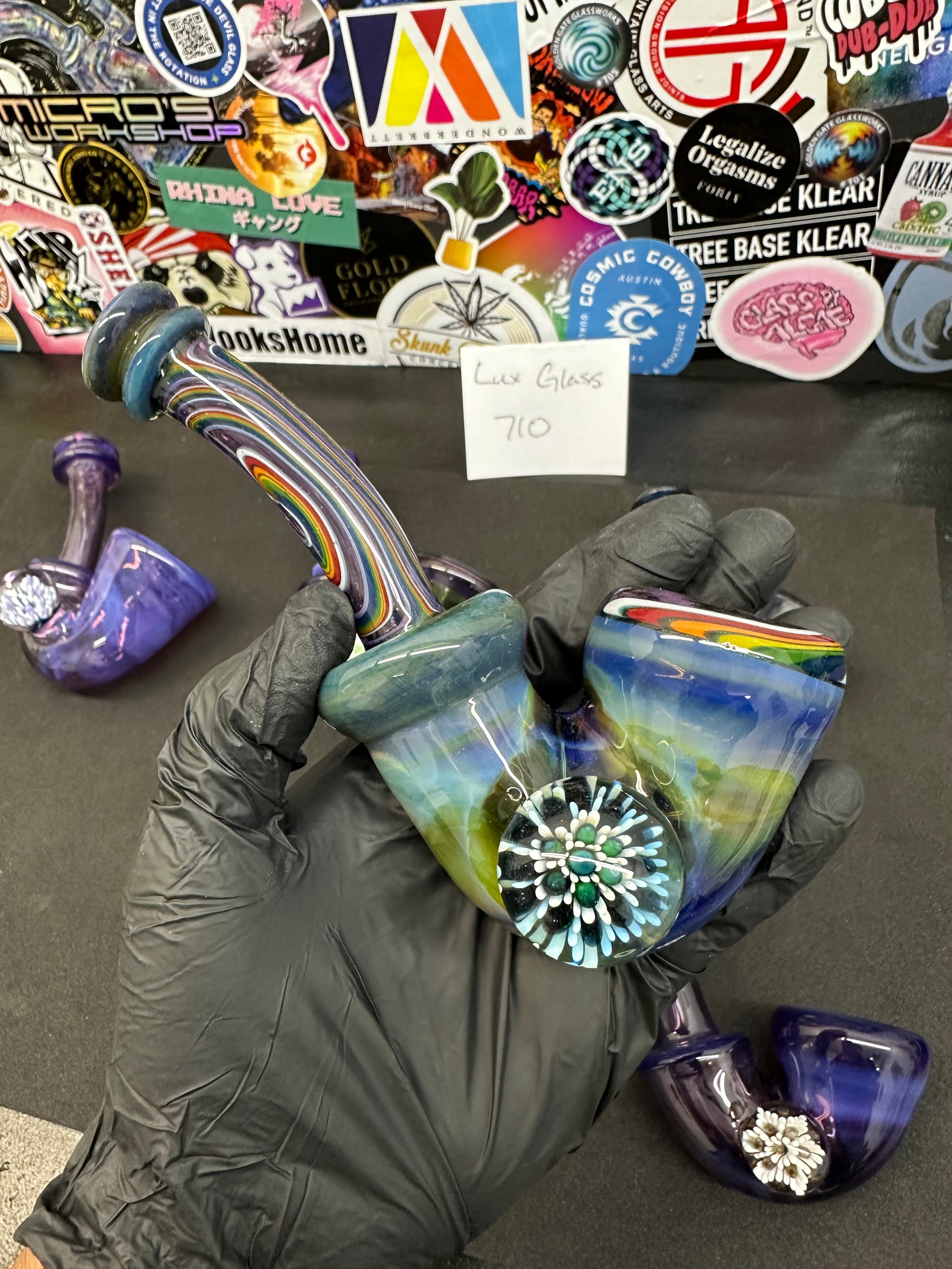 Functional borosilicate glass in the Collectors’ Room at Beaufort Art Glass, Lady’s Island SC. Chase Luxton custom sherlock dry pipe.