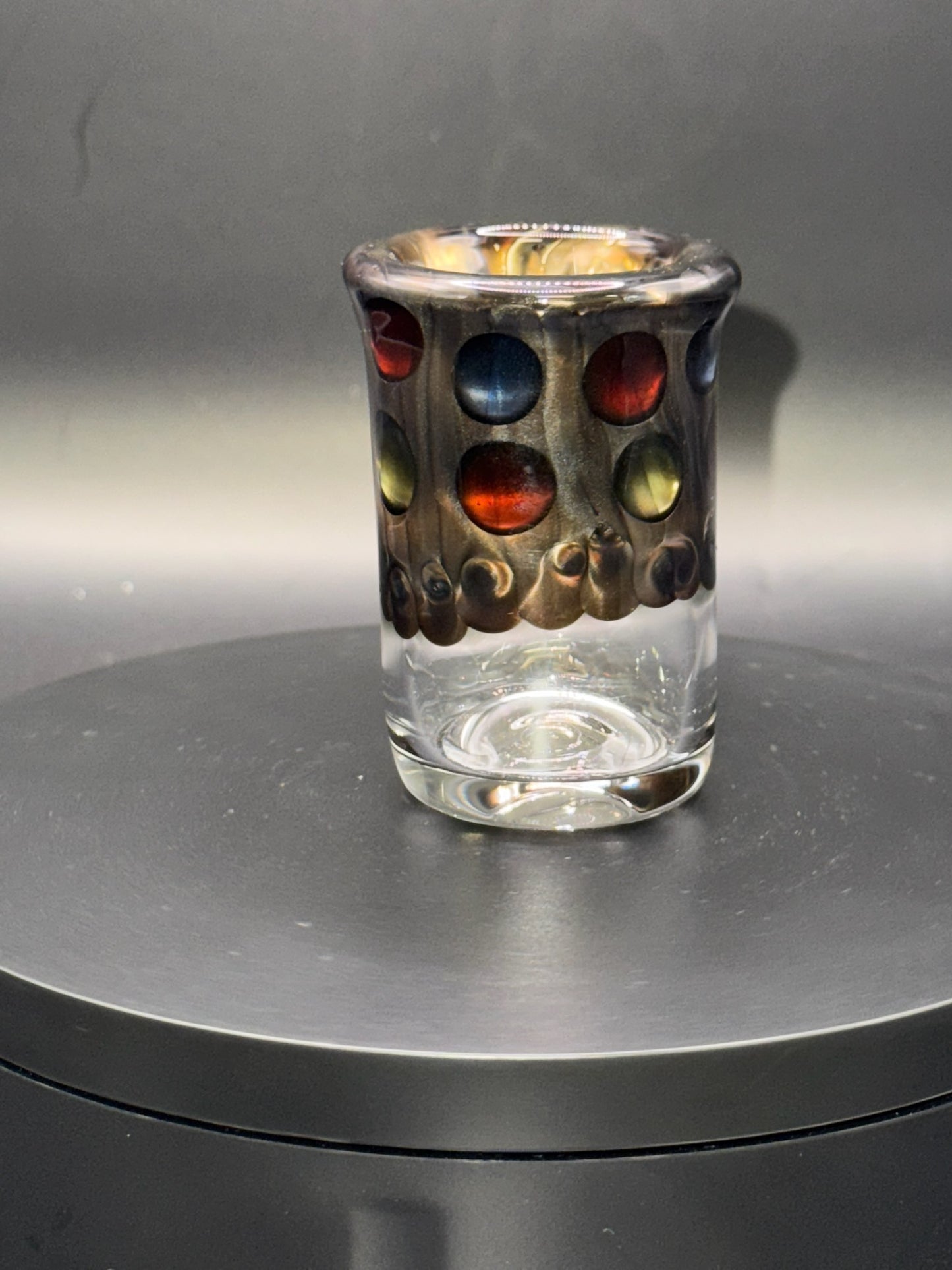 Jack Dunn 2.5″ Clear/Electrum Shot Glass w/ Color Dots – $35