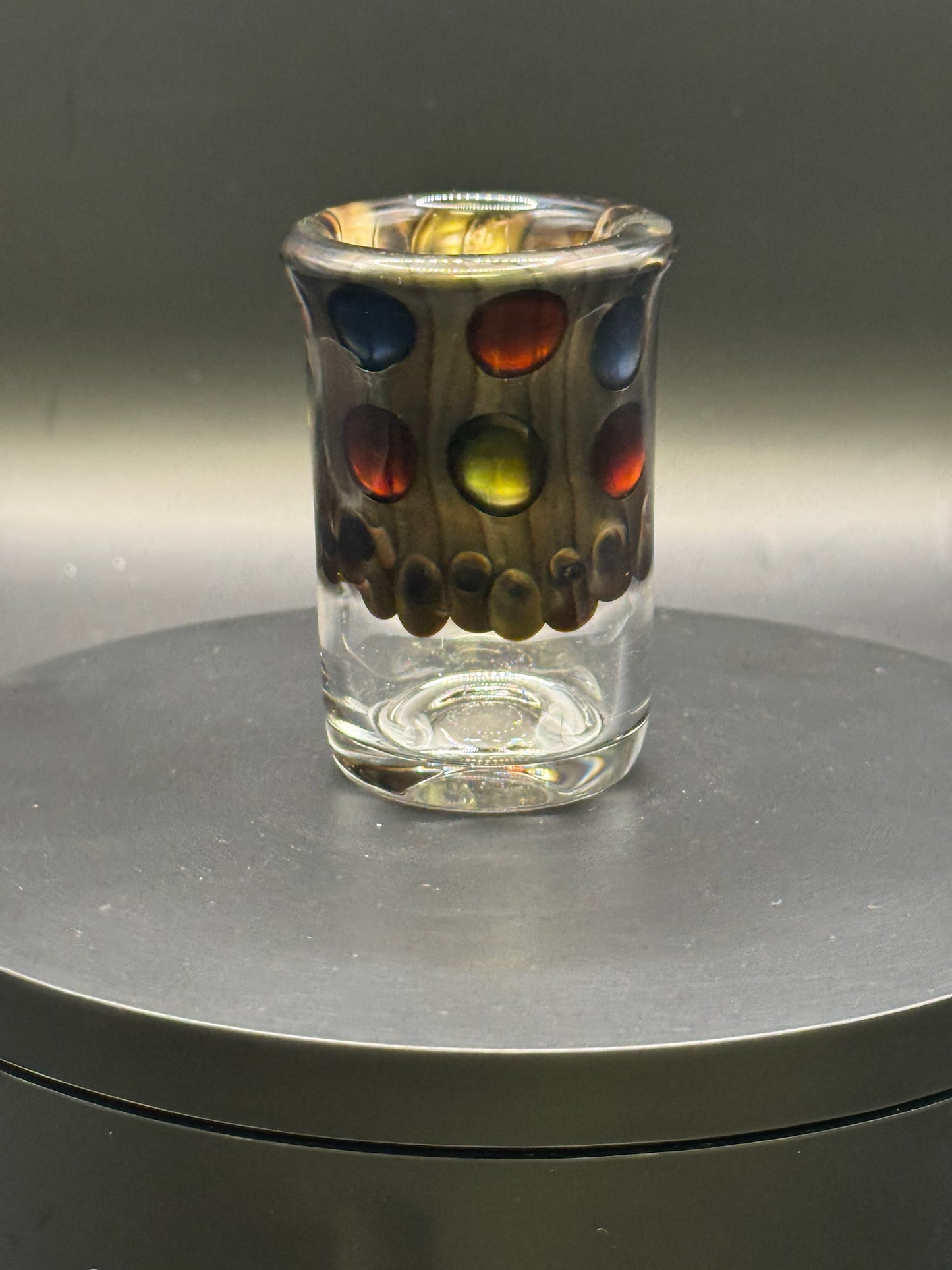 Jack Dunn 2.5″ Clear/Electrum Shot Glass w/ Color Dots – $35