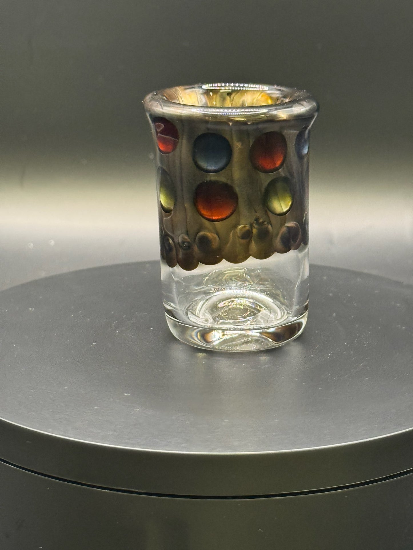 Jack Dunn 2.5″ Clear/Electrum Shot Glass w/ Color Dots – $35