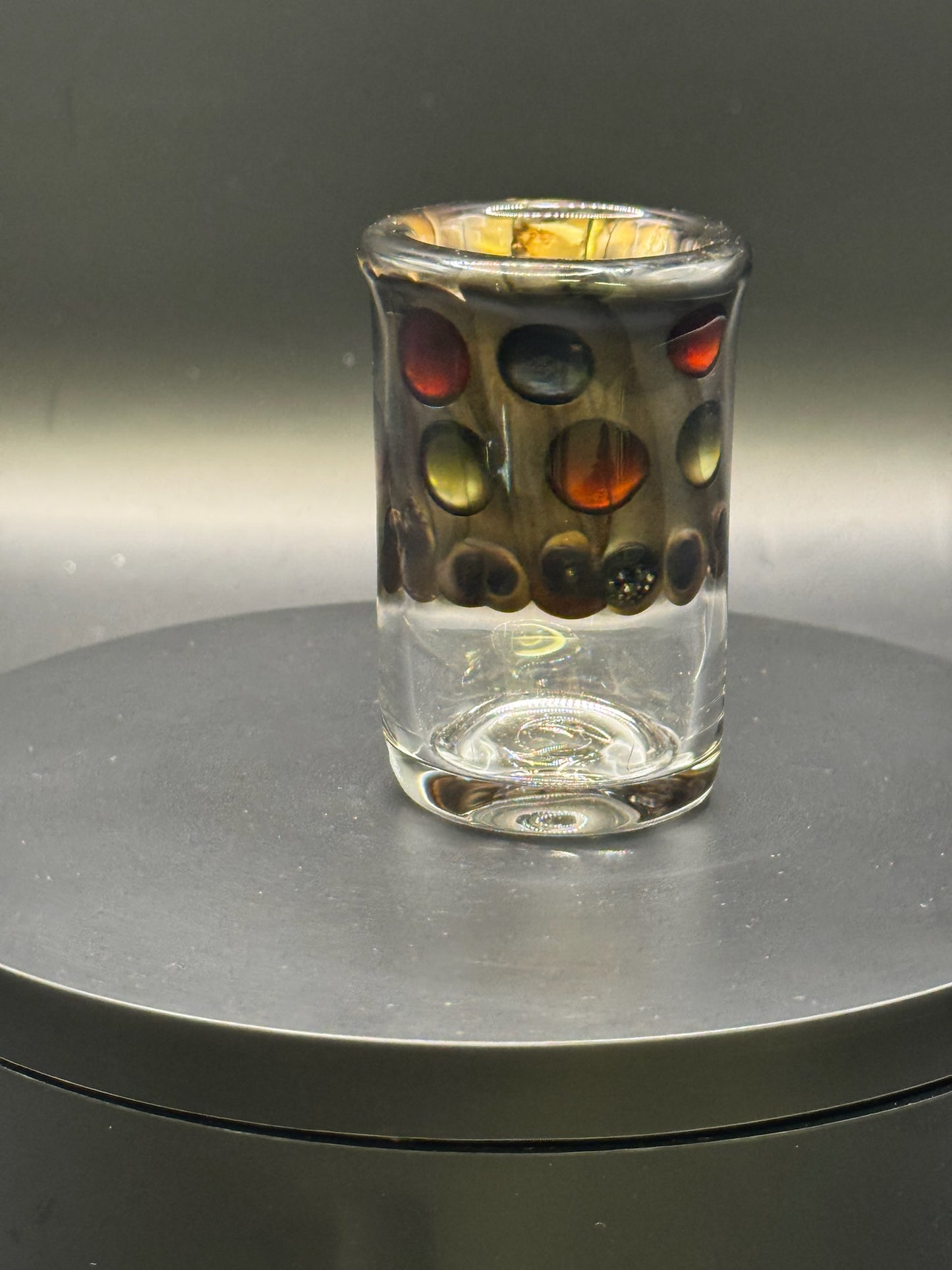 Jack Dunn 2.5″ Clear/Electrum Shot Glass w/ Color Dots – $35