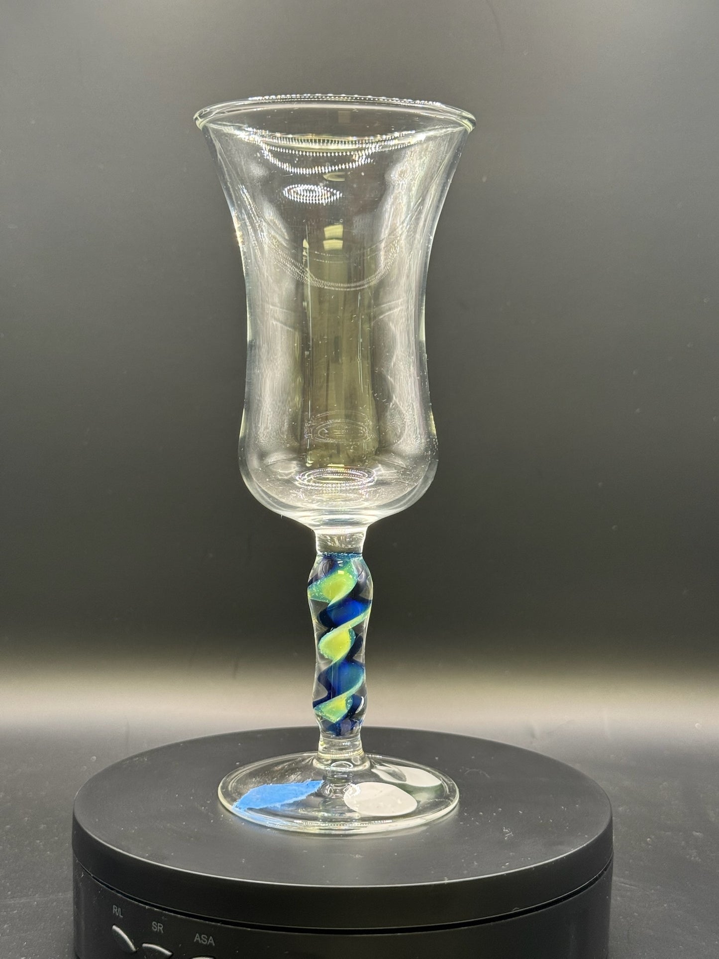 Just Glass Clear Wine Glass w/ Blue & Cream Latticino Stem – $60