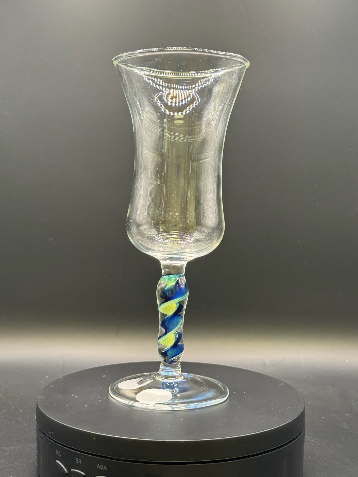 Just Glass Clear Wine Glass w/ Blue & Cream Latticino Stem – $60