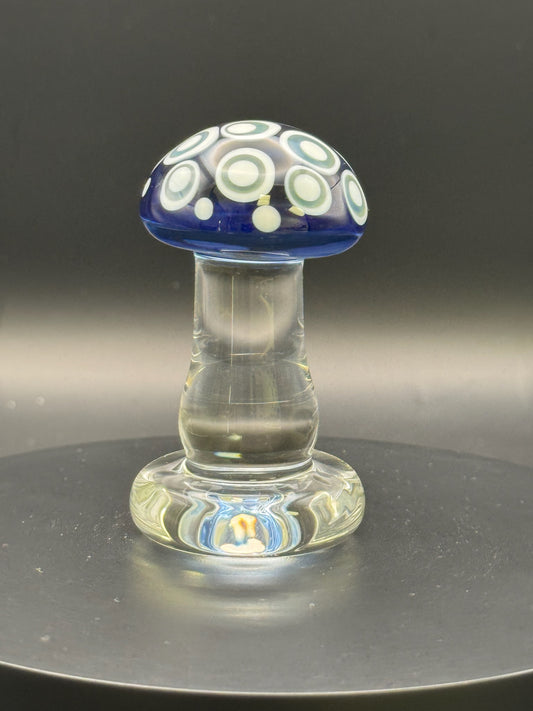 chg007 - $45 - sculpture - 2.8" clear mushroom sculpture w/ transparent blue cap and white/grey dot stacks.