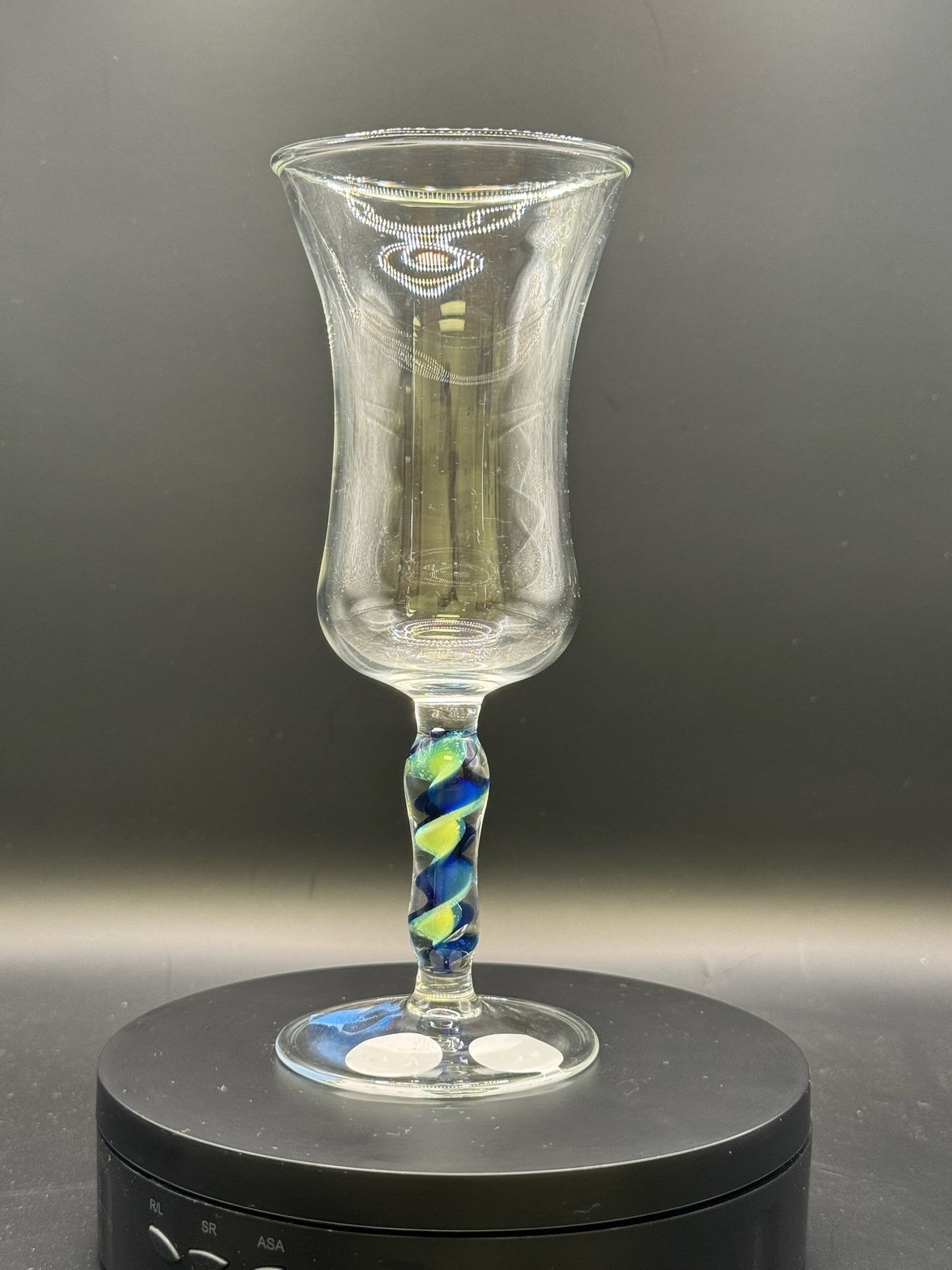 Just Glass Clear Wine Glass w/ Blue & Cream Latticino Stem – $60