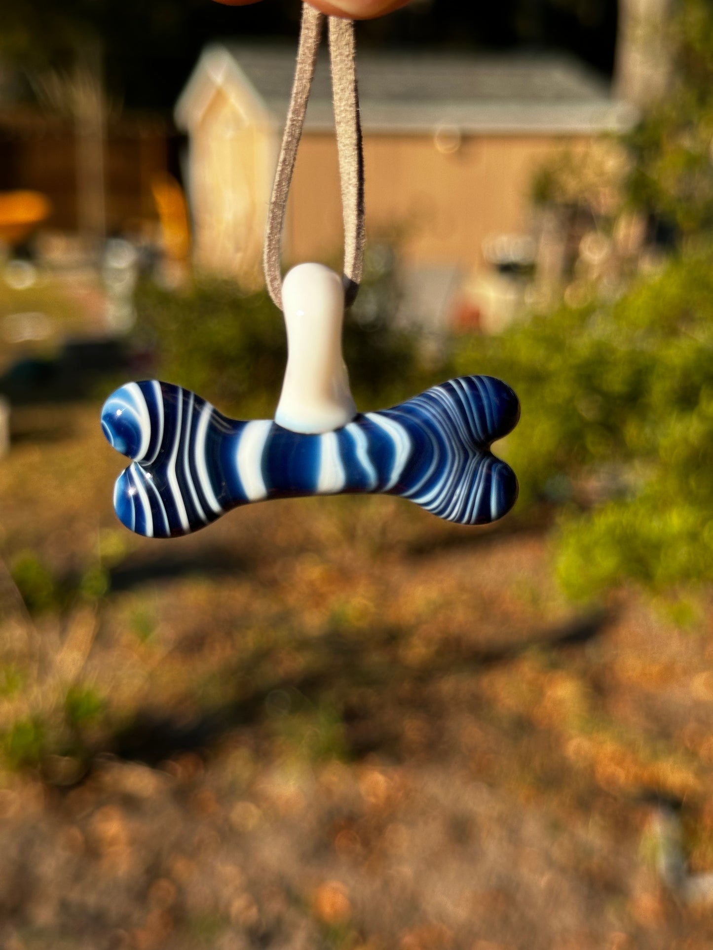 Blue and White Zebra Dog Bone Pendant